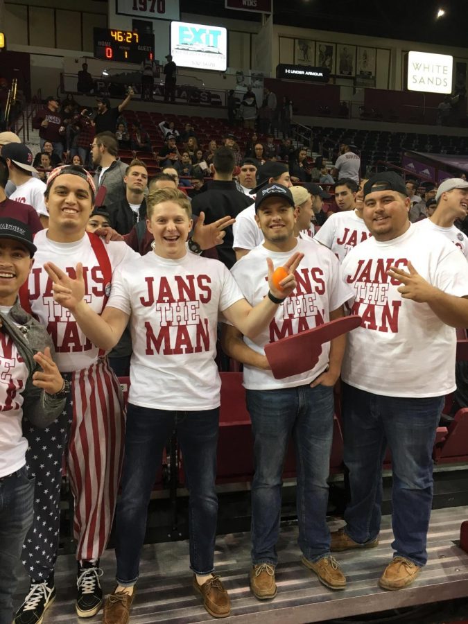 NMSU students sport the new Jans the man shirts for Thursday home game vs. Seattle U. 
