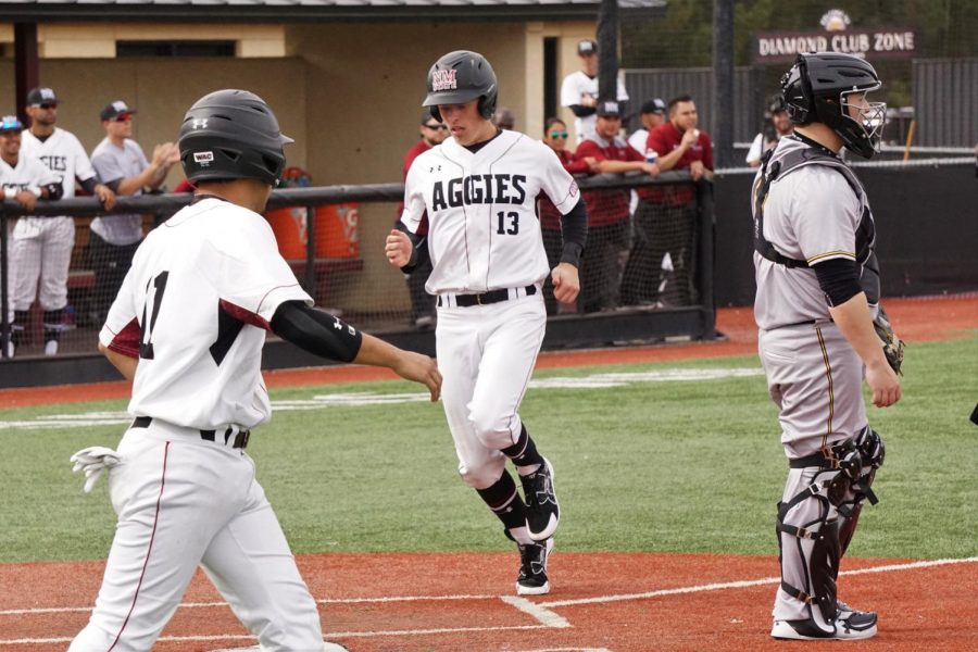 Outfielder David Bellamy heads to the plate as the Aggies improve to 13-8, and will head to Tucson to play Arizona for the second time this year. 