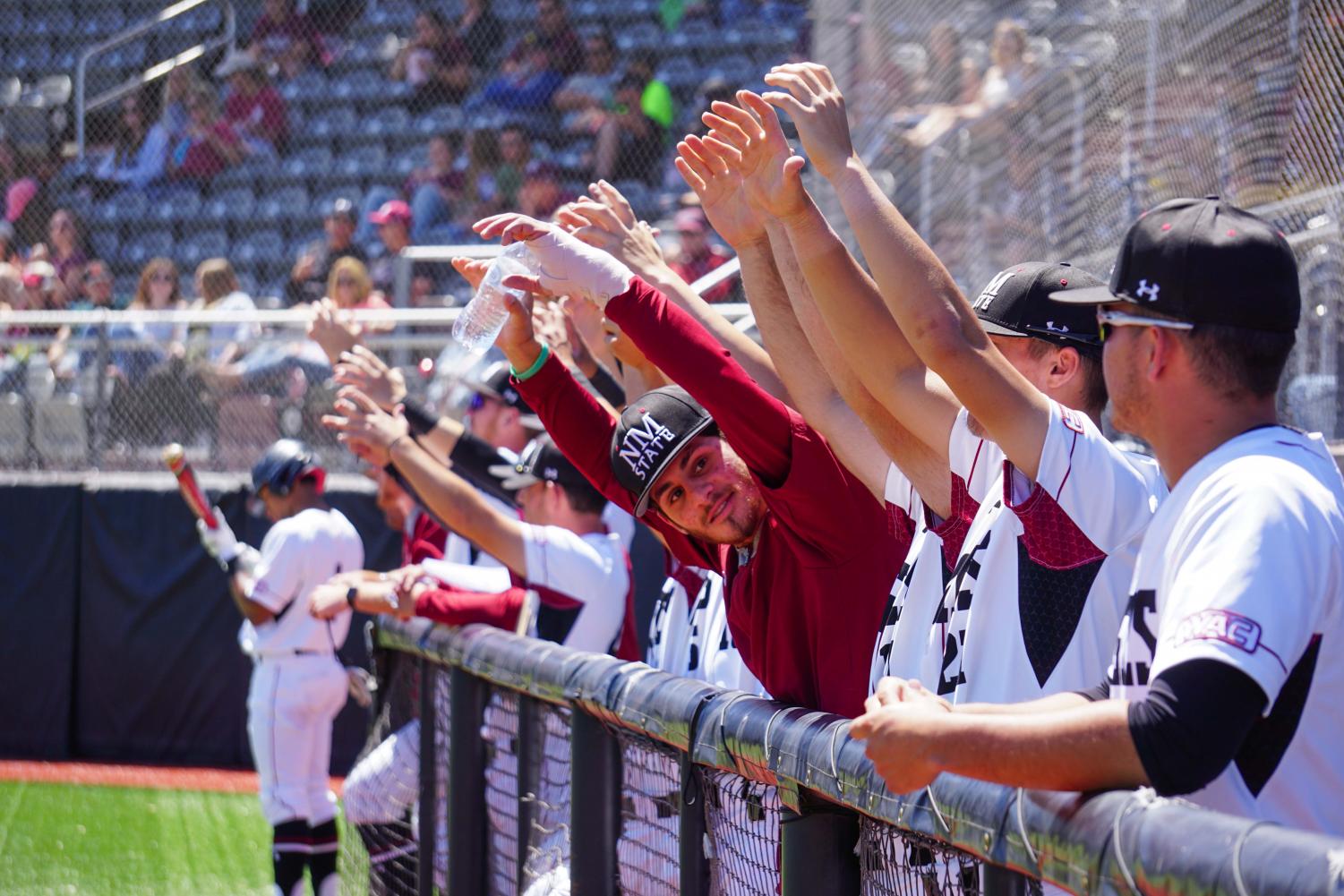 The New Mexico State Baseball team celebrates after one of their comrades achieves a base hit; the team has an overall record of 27-14 and 11-4 in the WAC.