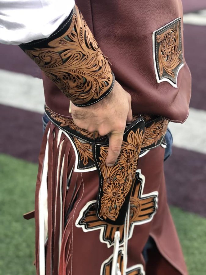 Pistol Pete sports new chaps and holster, hand crafted by former professional bull rider Randen Henry. 