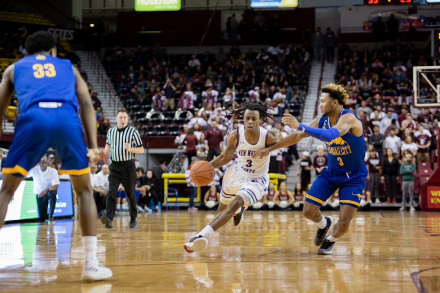 Terrell Brown leads the way with 15 points in NM State's 70-54 win over UMKC.