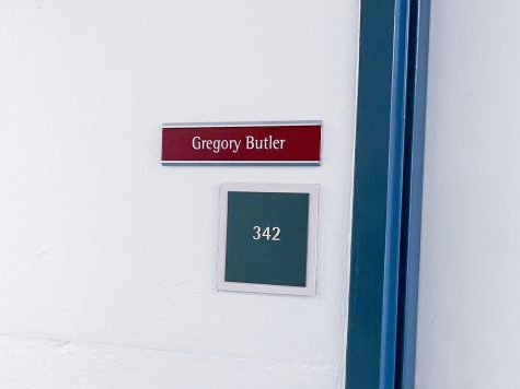 Government Professor Gregory Butlers office door in Breland Hall.