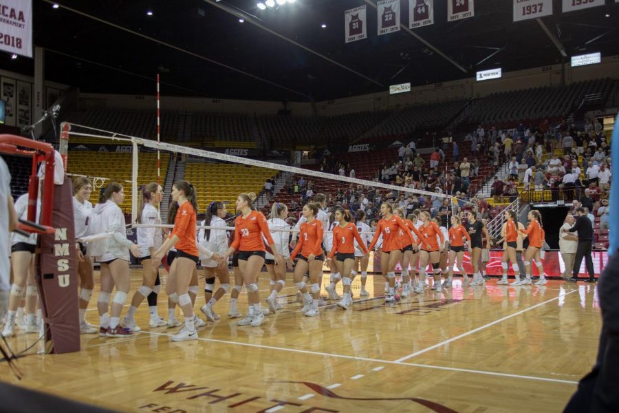 NM State wins their 24th consecutive WAC game in a three-set thrashing of the Vaqueros Tuesday afternoon.