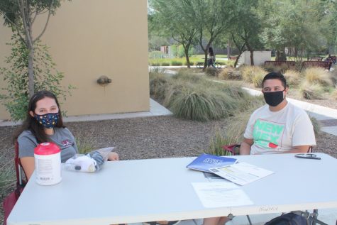 Two students from ASNMSU tabled near the Business Complex on Sept. 22 to talk to students about registering to vote.