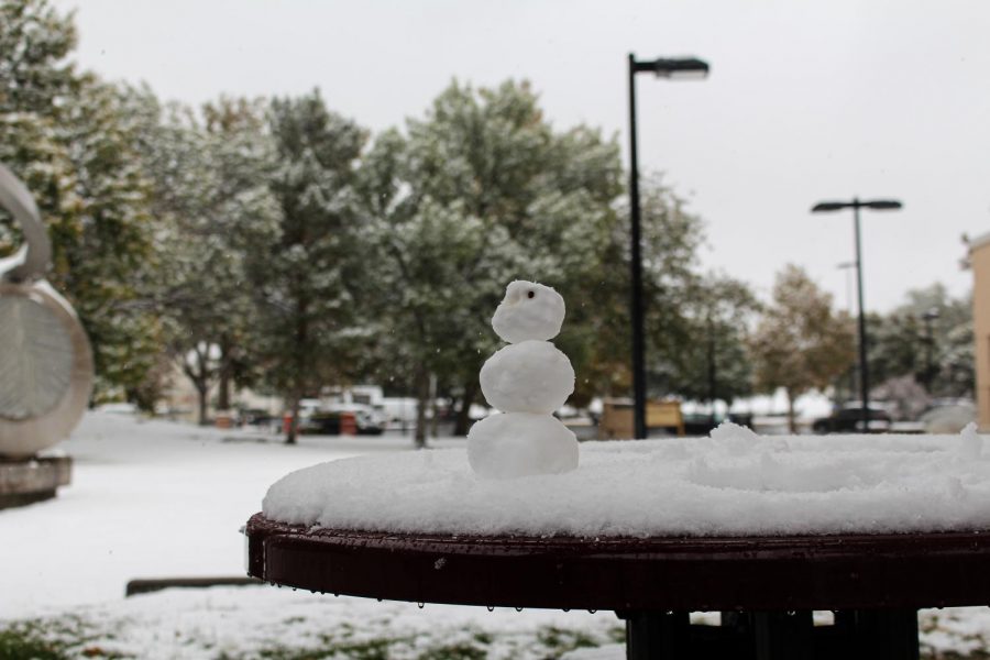 a mini snowman someone built on a table 