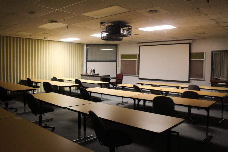 An empty classroom at NMSU during spring 2021 is pictured. 