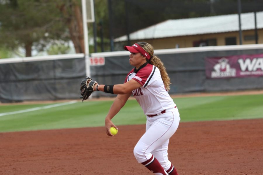 Matalasi Faapito allows just two runners to reach bases in her no-hitter Friday afternoon.  (Photo courtesy of NMSU Athletics)