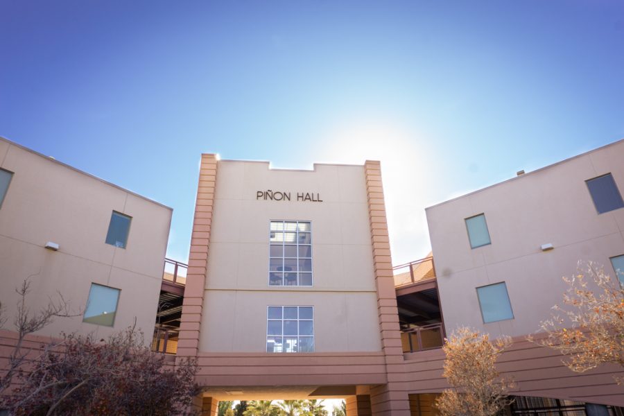 Front view of Piñon Hall, one of New Mexico State University's undergraduate housing residence halls. 