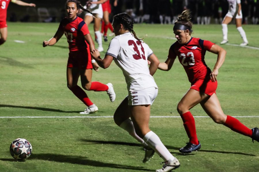 NM State Aggies womens soccer battles it out against Dixie State Trailblazers. 