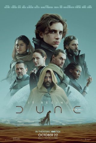 Dune (2021) movie poster, starring Timothee Chalamet, Rebecca Ferguson and Oscar Isaac