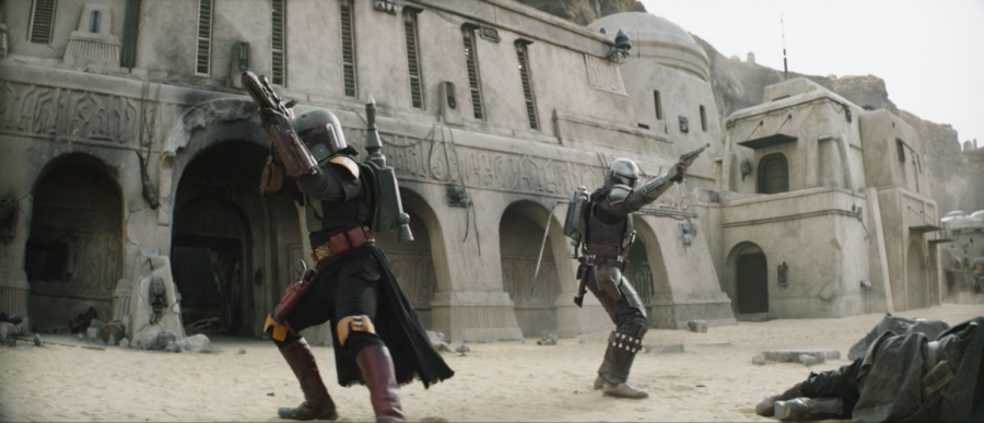 Boba Fett (Temuera Morrison) and Din Djarin (Pedro Pascal) battling the Pyke Syndicate in the finale of “The Book of Boba Fett”.