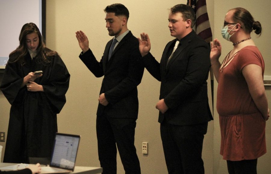 Newly appointed senators are sworn in. Pictured from left to right, Associate Justice Irelynd Kiely, Eddie Gallegos, Alex Duran and Molly Steagall.  