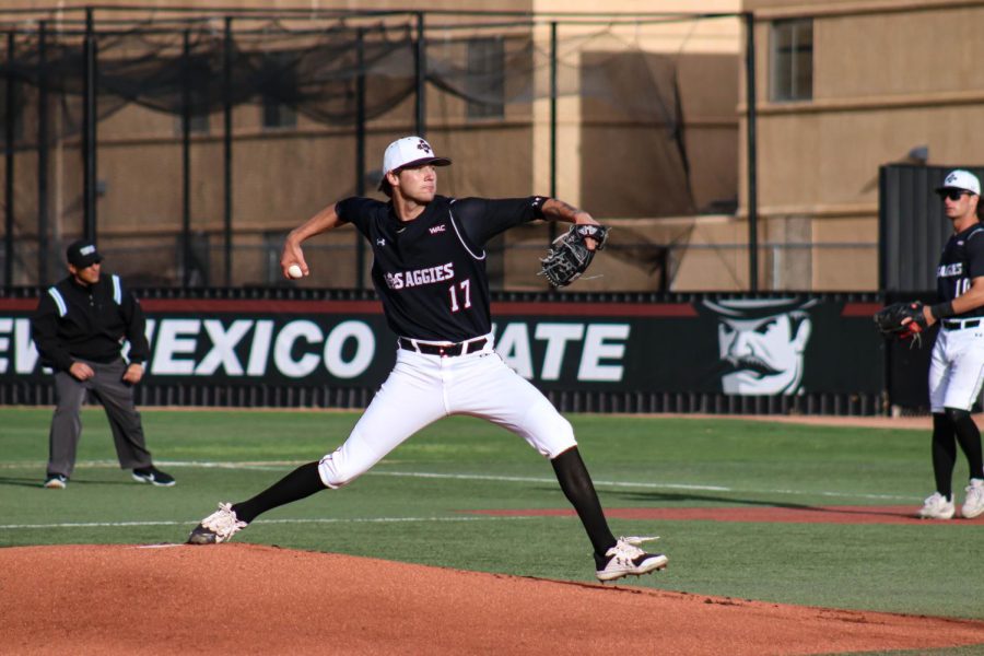 Pitcher Brendon Rodriguez throwing a fast ball to University of New Mexico.
