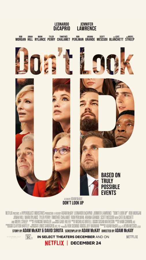 Dont Look Up poster, directed by Adam McKay, starring Jennifer Lawrence and Leonardo DiCaprio 