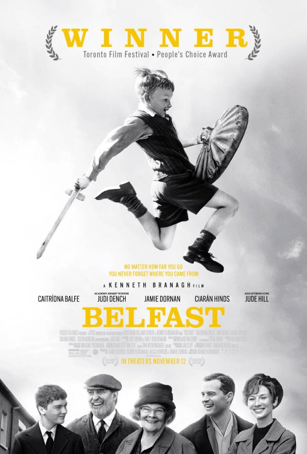 Poster+of+Belfast+starring+Caitriona+Balfe%2C+Judi+Dench%2C+Jamie+Doran%2C+Ciar%C3%A1n+Hinds+and+introducing+Jude+Hill.