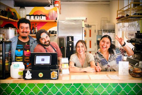 Smiling workers at Grounded cafe assist customers behind the counter on Sept. 8, 2022. Pictured from left to right is Giovanni Cisneros, Jordan Issacson, Whitney Chacon, and Nyah Chacon.