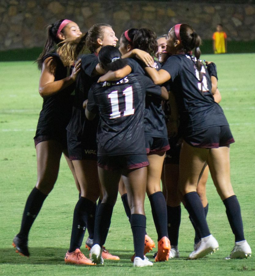 The+Aggies+celebrate+a+goal+made+by+Bianca+Chacon+during+Saturdays+game+against+Utah+Valley+on+Sept.+16%2C+2022.
