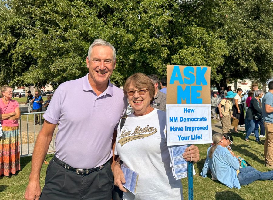 Senator William Soules (Representative of District 47), poses for a picture with a local representative member of the Doña Ana Democratic Party at the Rally for Choice outside Thomas-Branigan Memorial Library on Oct. 15, 2022. 