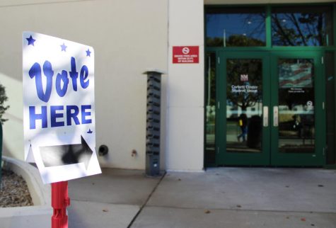 A voting sign guides voters to the polling location inside Corbett Center on Saturday, Nov. 5, 2022. 
