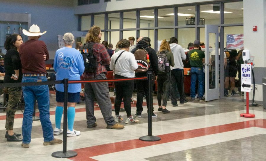 Voters wait in line at the Corbett Center Student Union Polling station to participate in New Mexicos Midterm Election. Nov. 8, 2022.