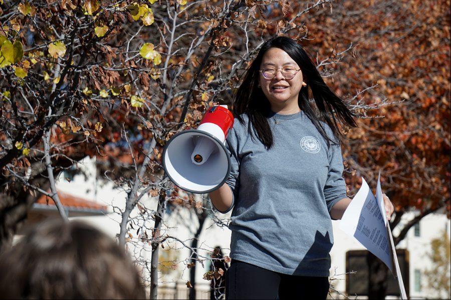 An NMSU graduate student speaks to watchers and fellow protesters during Thursdays gathering outside Corbett Center on Dec.1, 2022.