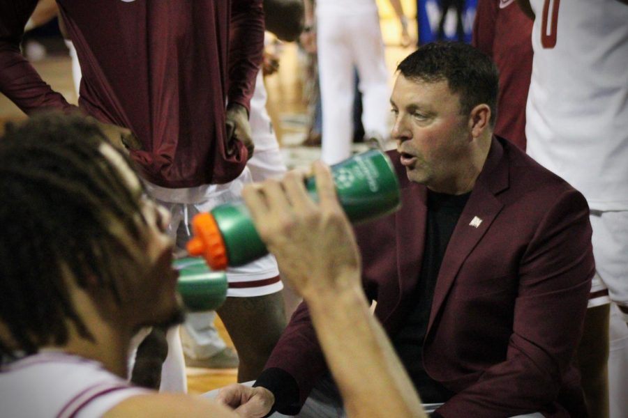 NMSU+mens+head+coach+Greg+Heiar+speaks+to+his+team+during+a+timeout+against+UTEP+on+Nov.+30+at+the+Pan+American+Center.