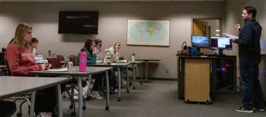 Dr. Thaddieus Conner explains a syllabus to a senior seminar class. Photos taken Jan. 23, 2023. 