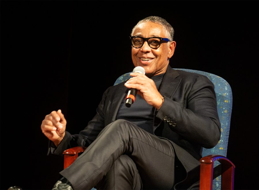 Giancarlo Esposito speaks with students and audience members on April 14, 2023. 