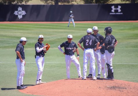 The Aggies gather together at the pitchers mound to discuss their game plan. April 16, 2023.