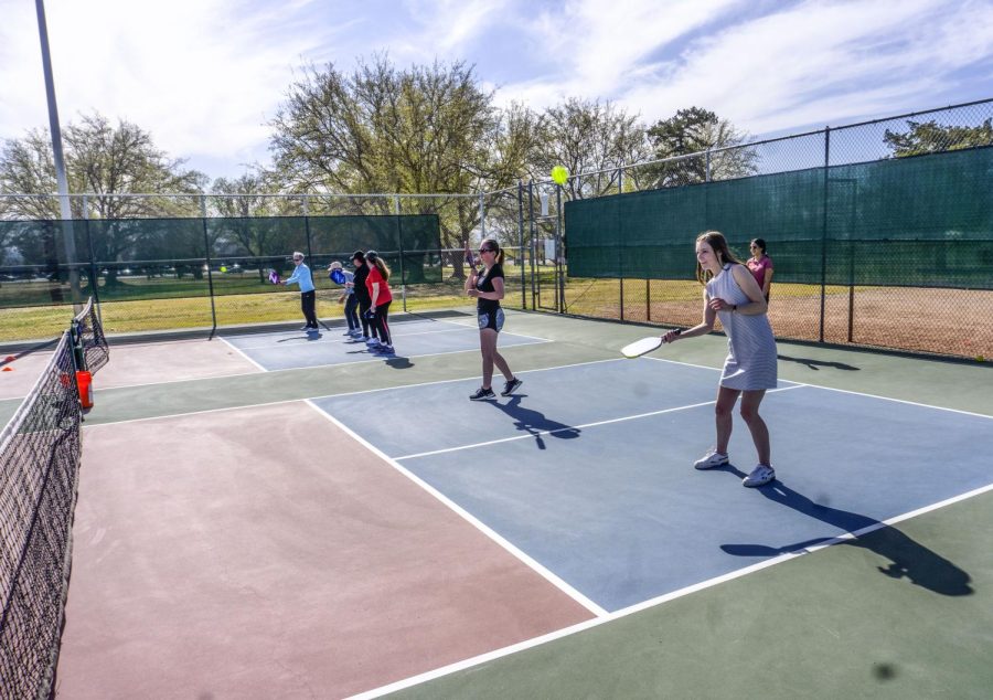Round Up Staff Writer Noelle Whetten on the court playing pickleball with fellow pickleball players on April 4, 2023. 