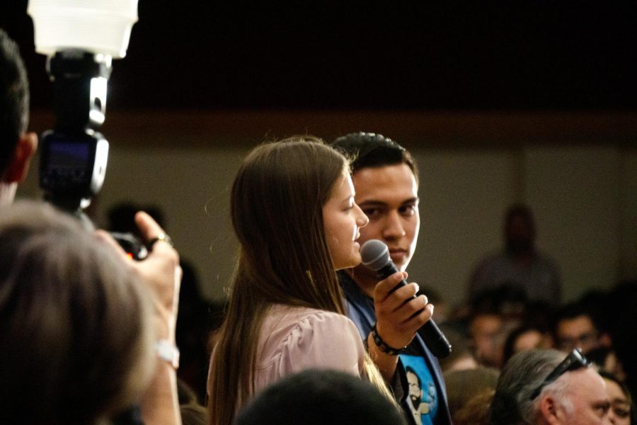 Florencia Makk, an NMSU student asks Walsh about diversity, equity, and inclusion in the workplace on April 4, 2023, at the Young Americans for Freedom event at NMSU. 