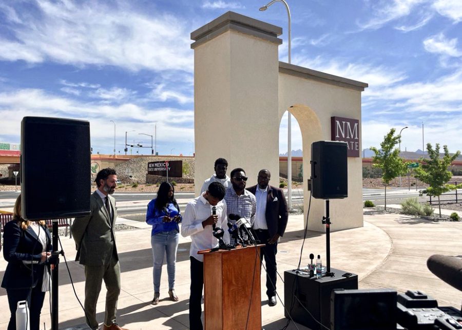 Deuce+Benjamin%2C+Shakiru+Odunewu%2C+William+Benjamin+and+their+lawyers+spoke+at+a+press+conference+at+NMSUs+campus+which+was+held+for+lawsuits+filed+against+NMSU%2C+former+players+and+staff.+Photo+taken+on+May+3%2C+2023.