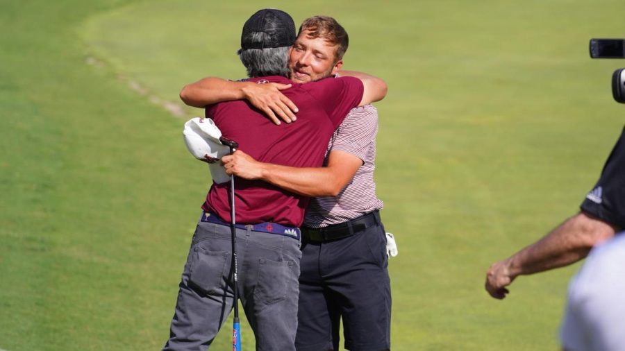 NMSU+mens+golfer+Garrison+Smith+celebrates+after+winning+the+WAC+individual+title.+Photo+Courtesy+of+NM+State+Athletics.+