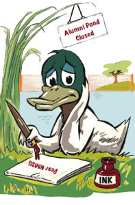 An illustration of a duck writing to New Mexico State University to bring the Alumni Pond back. 