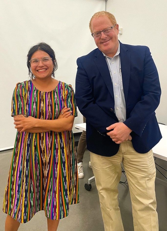 Alicia Inez Guzman and Sen. Jeff Steinborn stand together to present about New Mexico’s nuclear development at NMSU’s Art Museum on Aug. 17, 2023.