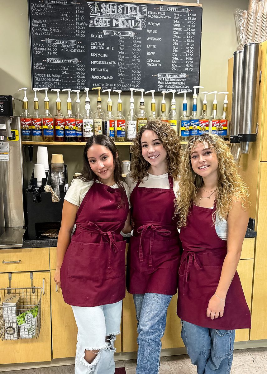 Student workers at Sam Steel Café on Sept. 26, 2023. From left to right: Jimena Loya, Brooke Biel, and Mikayla Donart.