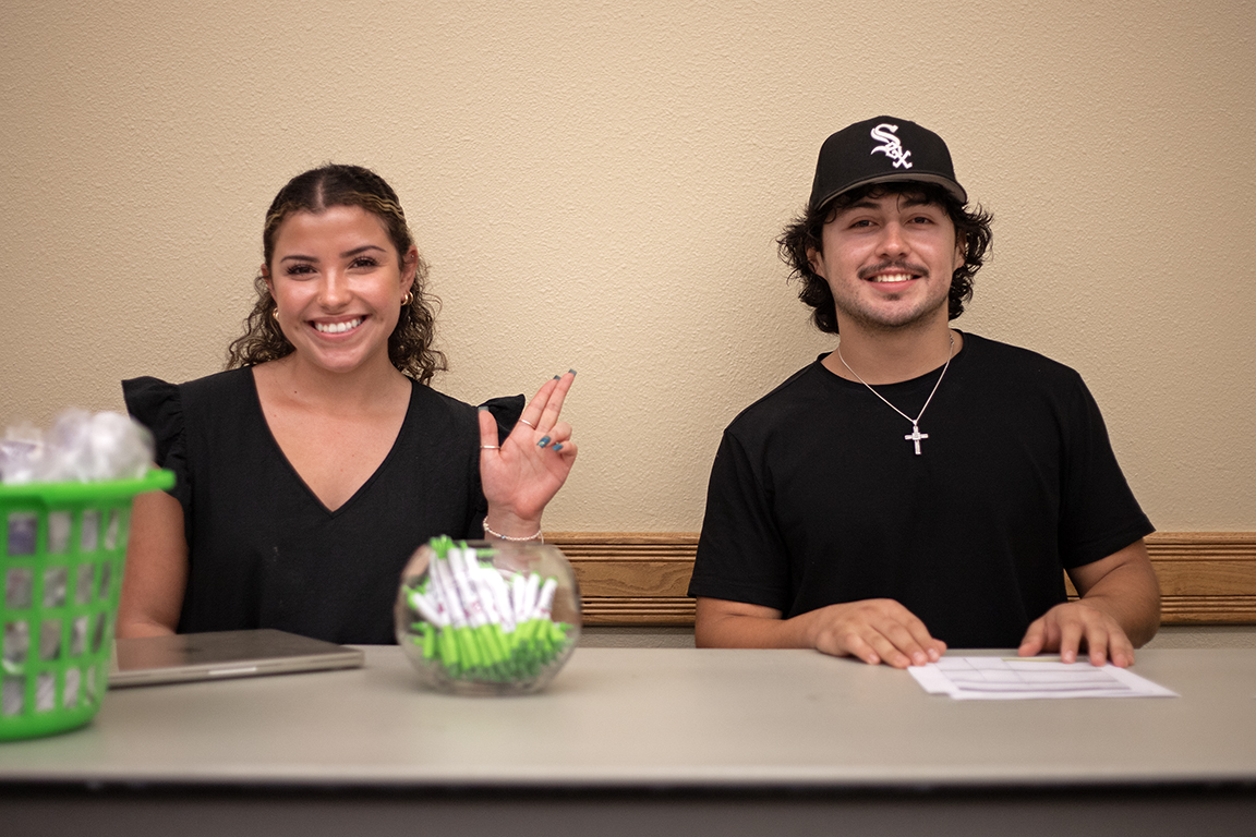 Pre-nursing student Mia Villegas and finance student Javier Valenzuela pose for a photo after the Adulting 101 workshop. Sept. 26, 2023. 