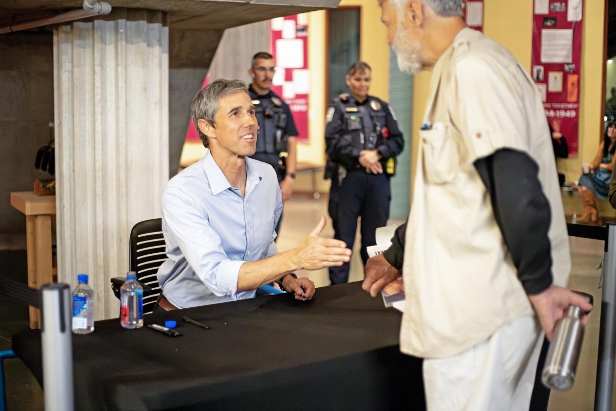 Beto ORourke greets people in the ASNMSU Center for the Arts lobby after his speech. Oct. 20, 2023.