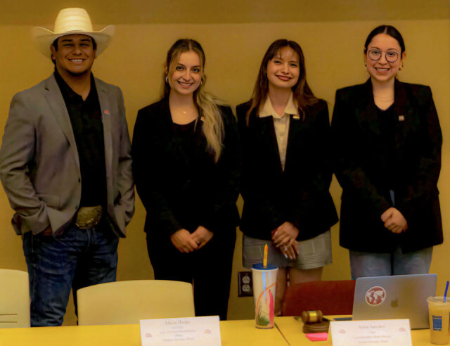 Assistant Chief of Staff: Cesar Rodriguez, Assistant Director of Governmental Affairs: Alicia Hicks, Director of Governmental Affairs: Anisa Sanchez, ASNMSU president: Citlalli Benitez (left to right). Oct. 25th, 2023