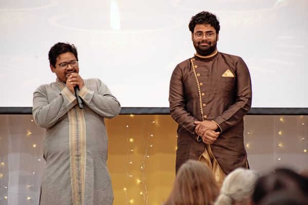 Sarbajit Basu (left) and Sanuj Srivastava (right), organizers of the event, speak about the creation of this year’s Roshni celebration, Sunday, Nov. 5, 2023.