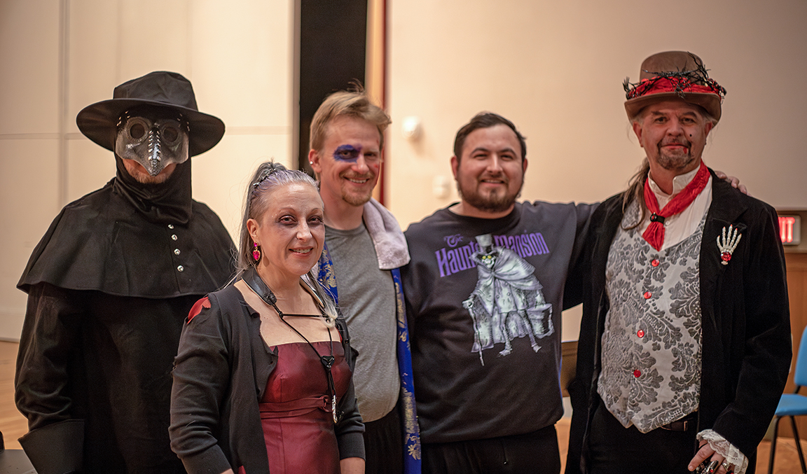 The musicians who performed during NMSUs Department of Music silent movie fest, listed left to right: Michael Mapp (prepared piano), Rhonda Taylor (saxophones), Jacob Dalager (trumpet), Christian Chesanek (bass), Fred Bugbee (percussion). Oct. 30, 2023.  