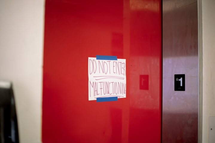 DO NOT ENTER sign is taped to an elevator in Garcia Hall. Feb. 15, 2024
