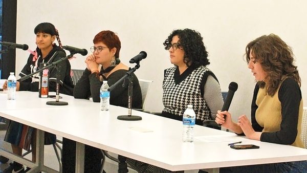 Borderland artists hazel batrezchavez, Pico del Hierro-Villa, and Bella Maria Varela answer questions presented by moderator Eva Gabriella Flynn at a panel discussion on Jan. 30, 2024.