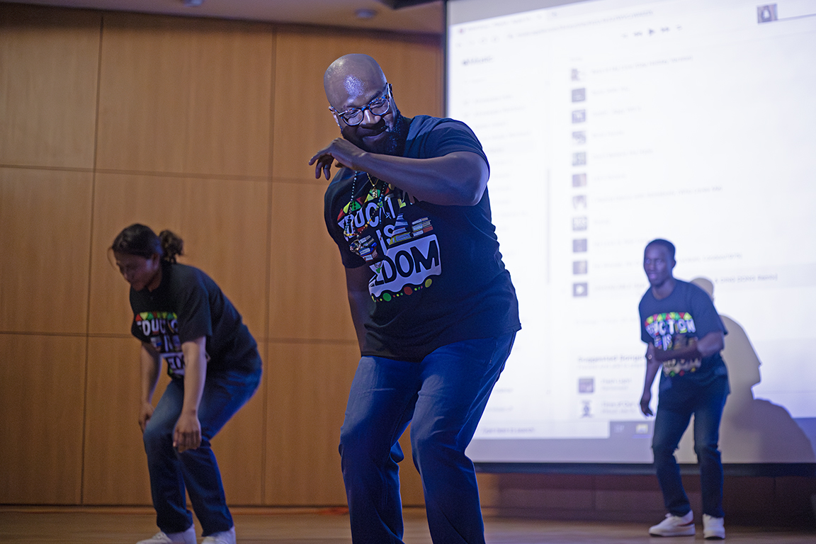 The Men of Color Steppers, led by Patrick Turner, performed a dance for attendees on Feb. 17, 2023.