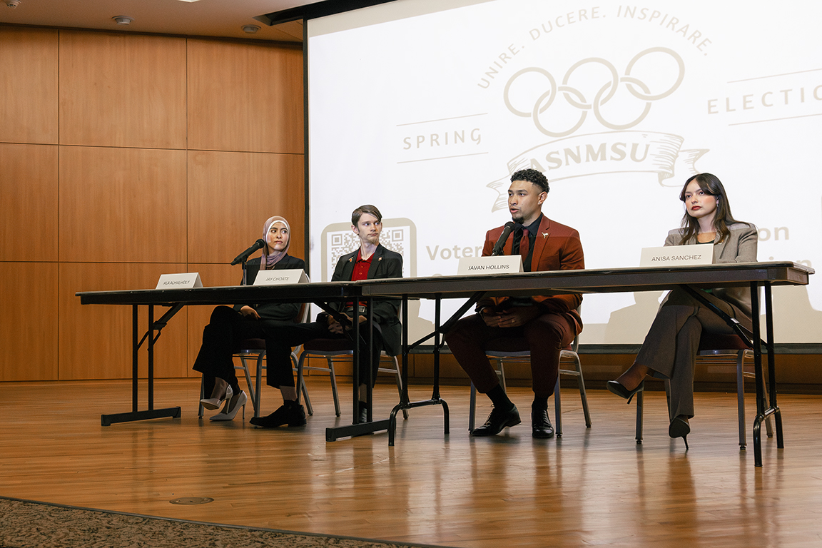 The ASNMSU 2024 presidential candidates debate in the Corbett Auditorium on Thursday, March 27, 2024. The candidates listed left to right: Ala Alhalholy, Jay Choate, Javan Hollins, Anisa Sanchez.
