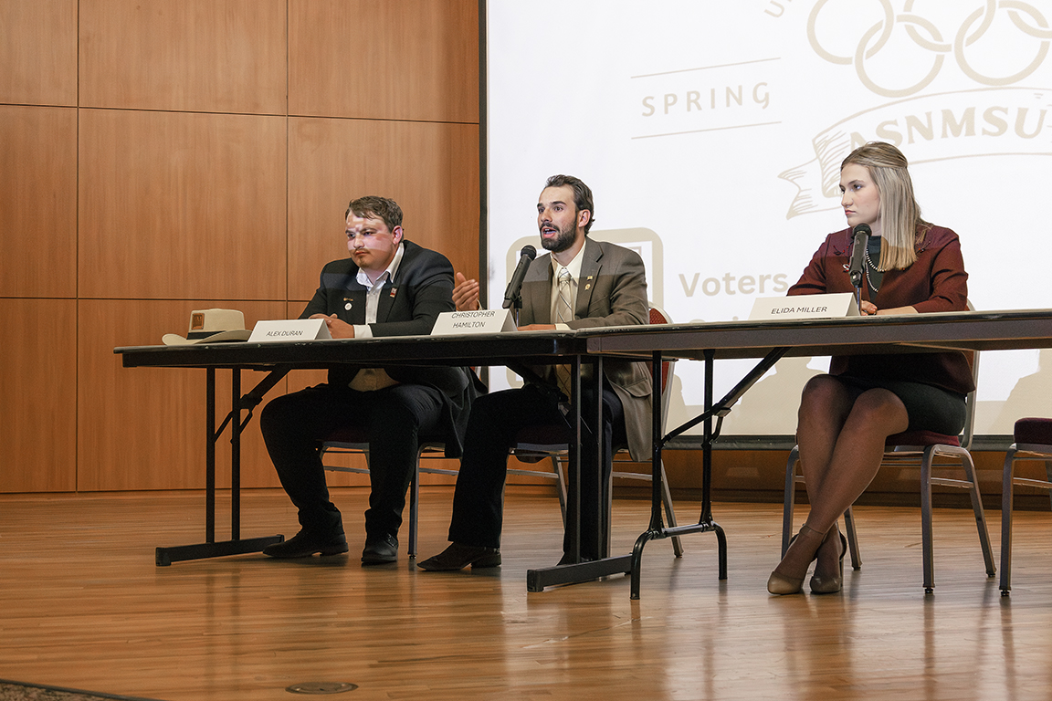 Vice-presidential candidates for the ASNMSU spring elections discuss proposed questions on March 27, 2024. The candidates listed left to right: Alex Duran, Christopher Hamilton, and Elida Miller. 