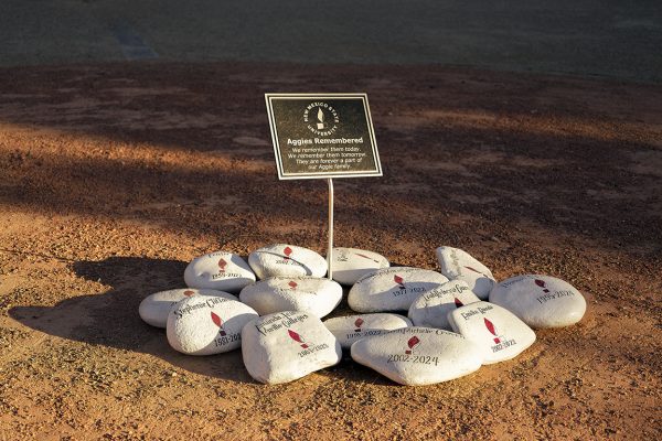 The Aggie Memorial Plaza honors students who have died during the 2023-2024 school year. Each rock has the name of a student along with the years they lived. May 1, 2024.