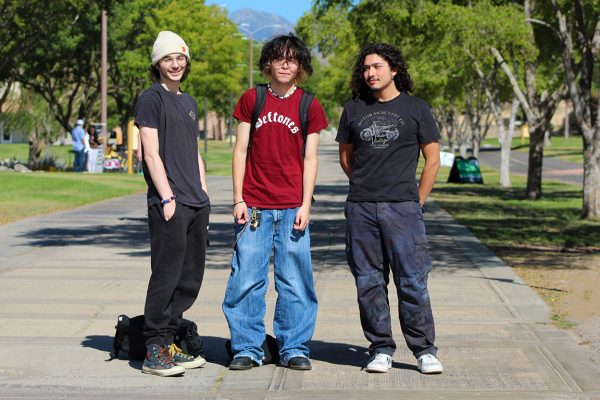 Students Ruslan Fesenko, Aiden Meyers, and Pablo Espinoza (from left to right) pose near the NMSU dorms on Sept. 17, 2024. 