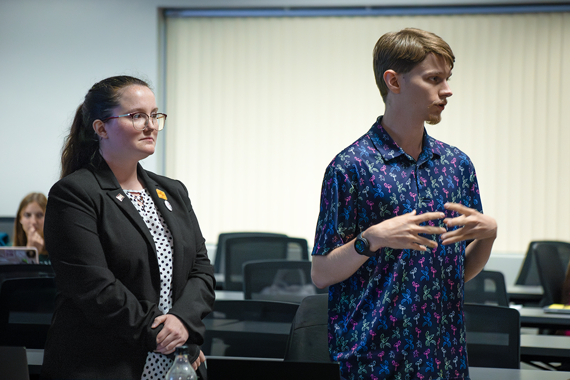 President and vice president of the Graduate Student Council, Anna Harmon (left) and Jay Choate (right) address the ASNMSU Senate regarding graduate expenditures in sub-bill 50. Sept. 19, 2024.  