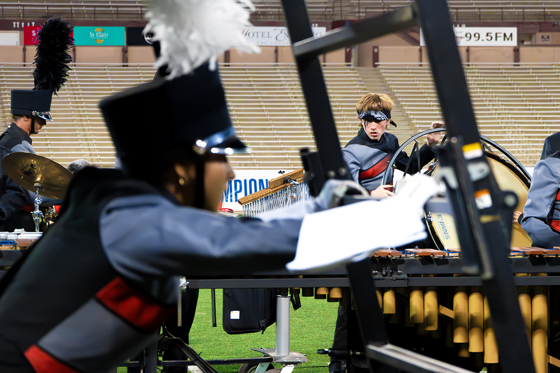 Las Cruces High School’s marching band sets up for their final performance. Sept. 21, 2024.